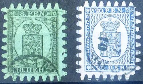 Finnland. Serpentinenlochwappen Typ III. Buntes Papier, Zwei schöne gebrauchte Exemplare 1866-1870. Mit Zertifikat.