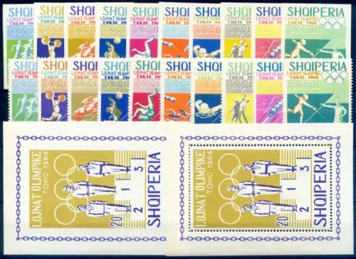 Albanien. Sport. Olympiade Tokio 1964. Serie gezahnt + ungezähnt + 2 Zettel.