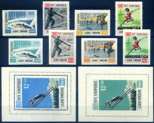 Albanien. Sport. Olympiade Innsbruck 1964. Serie gezahnt + ungezähnt + 2 Zettel.