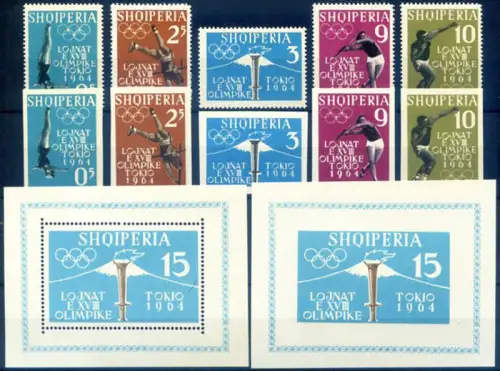 Albanien. Sport. Olympiade Tokio 1962. Serie gezahnt + ungezähnt + 2 Zettel.