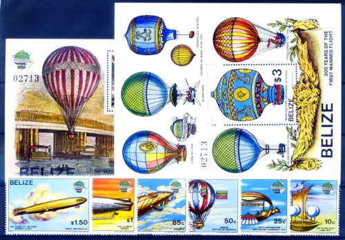 Belize. Aerostati 1983. Serie + 2 Zettel.