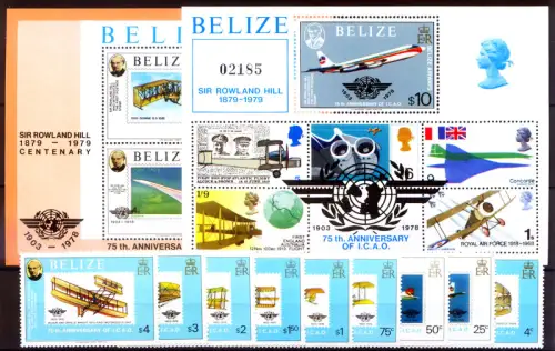 Belize. ICAO und Rowland Hill 1979. Serie + 2 Zettel.