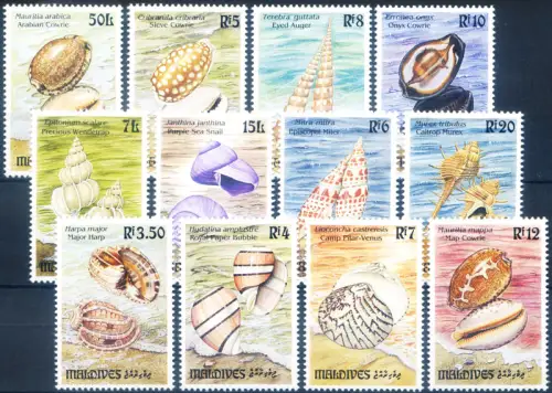 Malediven. Muscheln 1993. Serie + 3 Zettel.