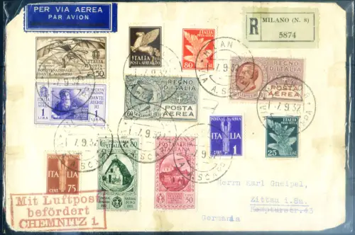 Italien Königreich. 11 Werte auf Einschreiben für die Schweiz 1932.