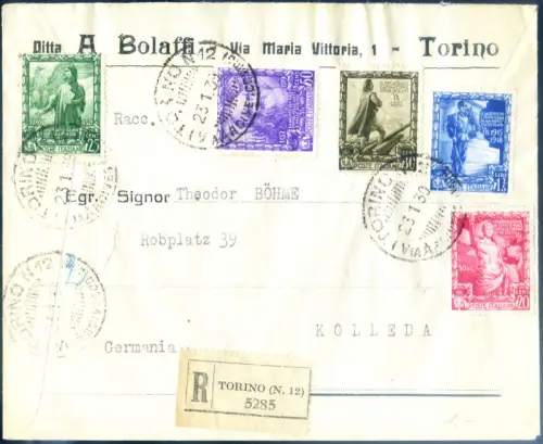 Italien Königreich. Kaiserreich 1938. 5 Werte auf Einschreiben für Deutschland.