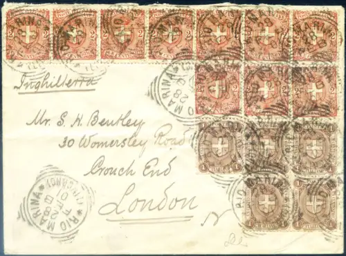 Italien Königreich. Wappen große Zahlen 1896-1897. Mehrfachfrankatur von Rio Marina (LI) nach London. Zertifikat Cilio.