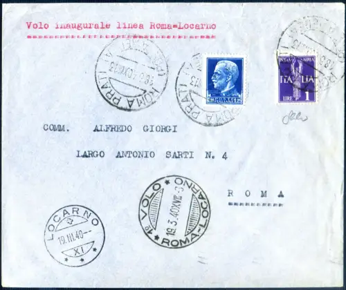 Italien Königreich. Flug Rom - Locarno und zurück 1940. Zertifikat Cilio.