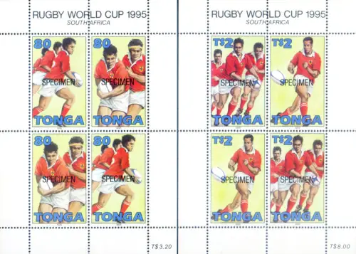Tonga. Sport. Rugby 1995. 2 Miniblätter, überdruckt 'Expimen'.