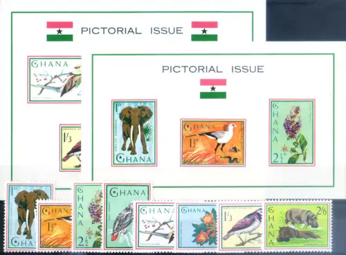 Ghana. Definitiv. Flora und Fauna 1964. Serie + 2 Zettel.