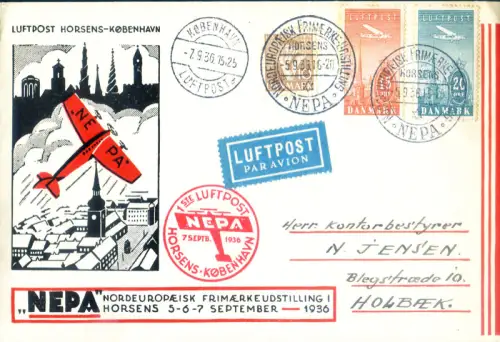 Dänemark. Erstflug NEPA Horsens-Kopenhagen 1936. 2 Umschläge.