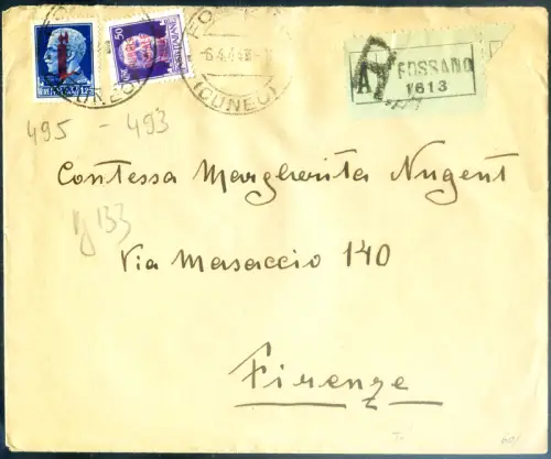 RSI. Aufdrucke 1944. Einschreiben aus Fossano (CN) nach Florenz.