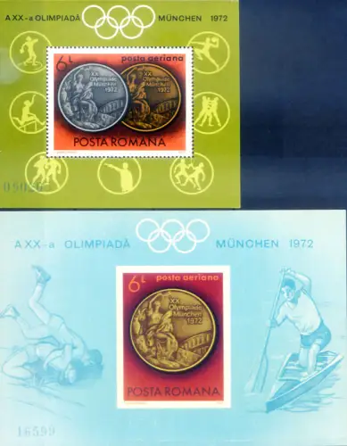 Rumänien. Sport. Olympiade München 1972. 2 Zettel.
