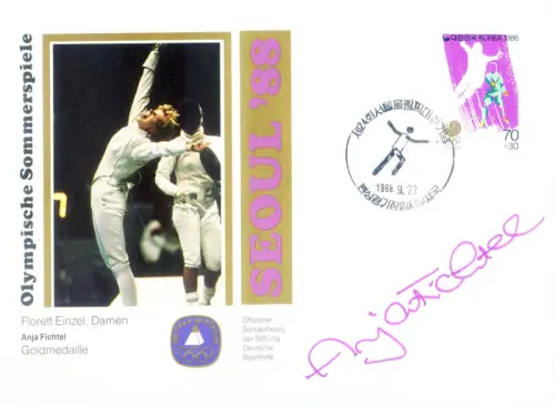 Korea. Süd. Sport. Olympiade Seoul 1988. Bildschirm. Anja Fichtel. Autogrammumschlag.