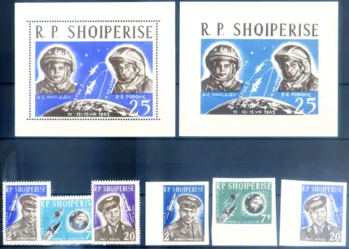 Albanien. Astronautica 1963. Vostok III + IV. Serie gezahnt + ungezähnt + 2 Zettel.