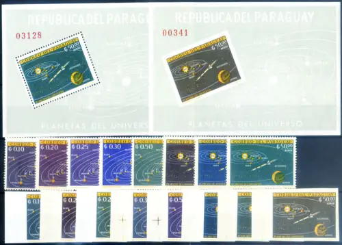 Paraguay. Sonnensystem 1962. Serie gezahnt + ungezähnt + 2 Zettel.