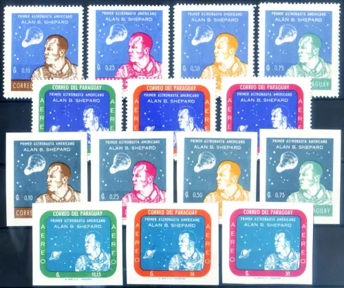Paraguay. Astronautica 1961. Alan Shepard. Serie gezahnt + ungezähnt + 2 Zettel.