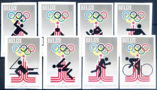 Belize. Sport. Olympiade Moskau 1979. Serie gezahnt + ungezähnt + 2 Zettel.