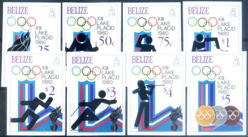 Belize. Sport. Olympiade Lake Placid 1980. Serie gezahnt + ungezähnt + 2 Zettel.