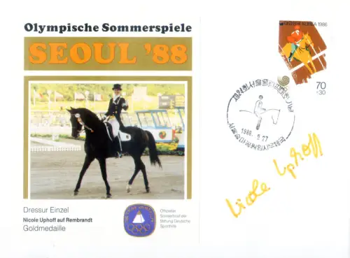 Korea. Süd. Sport. Olympiade Seoul 1988. Reiten. Nicole Uphoff. Autogrammumschlag.