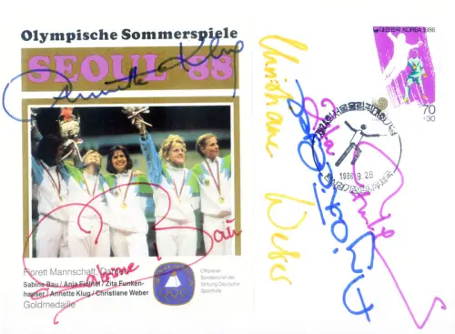 Korea. Süd. Sport. Olympiade Seoul 1988. Bildschirm. Autogrammumschlag der deutschen Siegermannschaft.