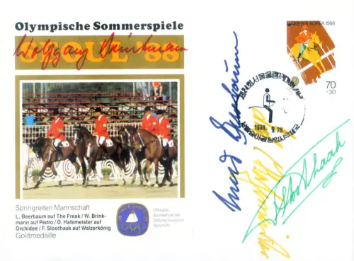 Korea. Süd. Sport. Olympiade Seoul 1988. Reiten. Autogrammumschlag der deutschen Siegermannschaft.
