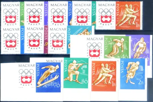 Ungarn. Sport. Olympische Spiele Innsbruck 1963-1964. Serie gezahnt + ungezähnt + 2 Zettel.