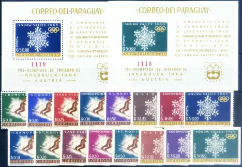Paraguay. Sport. Olympiade Innsbruck 1963. Serie gezahnt + ungezähnt + 2 Zettel.