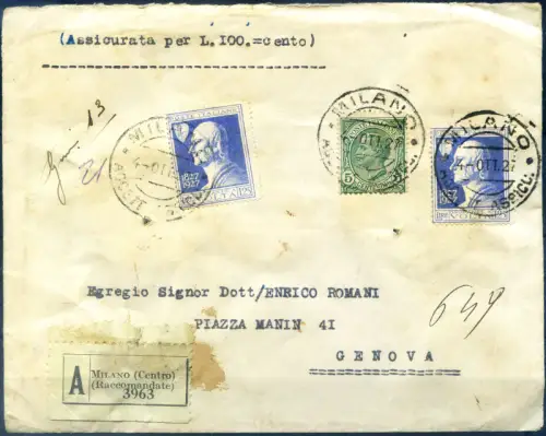 Italien Königreich. Alessandro Volta. Versichert für Genua 4.11.1927.