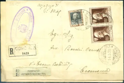 Italien Königreich. Alessandro Volta. Einschreiben für Cremona 14.3.1928.