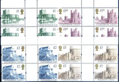 Großbritannien. Definitiv. Hohe Werte 'Schlösser' 1992. 4er Blöcke mit Zwischenräumen.