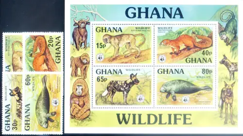 Ghana. Wildtiere 1977. WWF. Serie + Zettel.