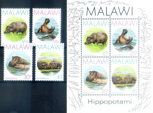 Malawi. Fauna. Nilpferd 1987. Serie + Zettel.