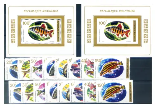 Ruanda. Fauna. Fische 1973. Serie gezahnt + ungezähnt + 2 Zettel.