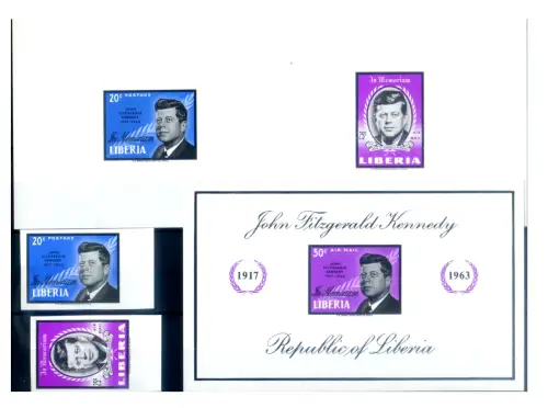 Liberia. John F. Kennedy 1964. Ungezahnte Serie + ungezähnter Zettel + 2 Zettel nicht im Mi.Katalog.