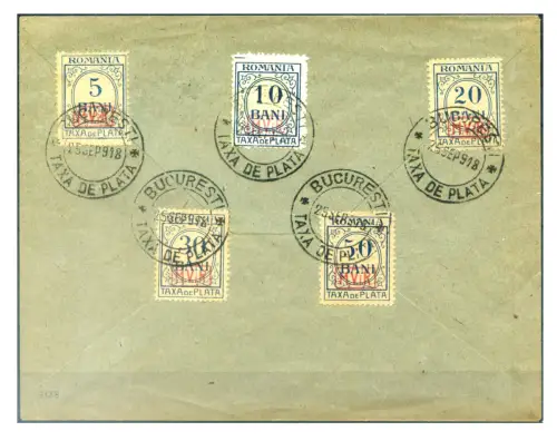 Rumänien. Deutsche Besetzung. Steuermarken 1918. Serie auf Umschlag gestempelt.
