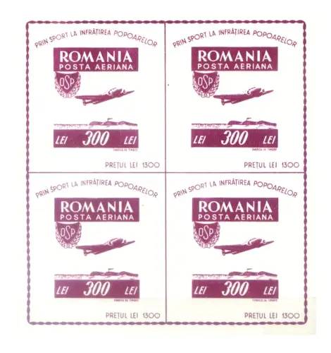 Rumänien. Lockheed 12 Electra Junior 1946. Kleinbogen mit 4 Zetteln.