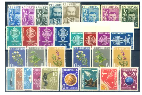 Albanien. kompletter Jahrgang 1962. Unified # 657Beuro661B (Tokio ungezähnt) + A62BeuroA64B (Gagarin Aufdruck schwarz).