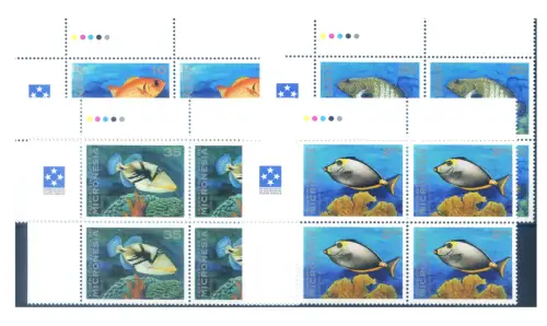 Mikronesien. Definitiv. Fauna. Fische 1994. 4er Blöcke, Bogenwinkel.