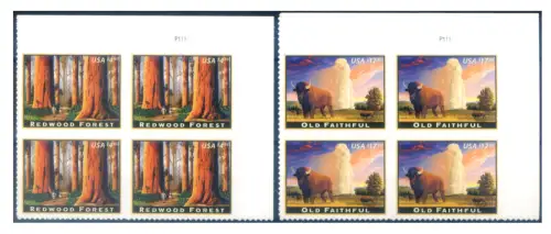 USA. 'Redwood Forest' und 'Old Faithful' 2009. Hohe Werte, für Espress. Viererblöcke.