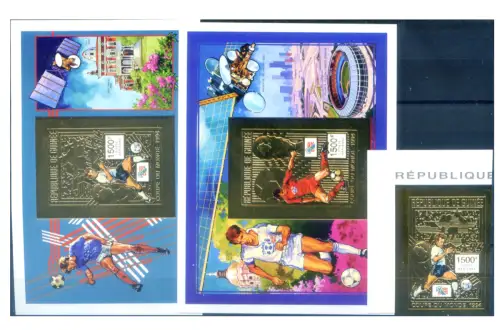 Guinea Republik. Sport. Fußball 1992. Briefmarke + 2 Zettel, alle 'Gold'.