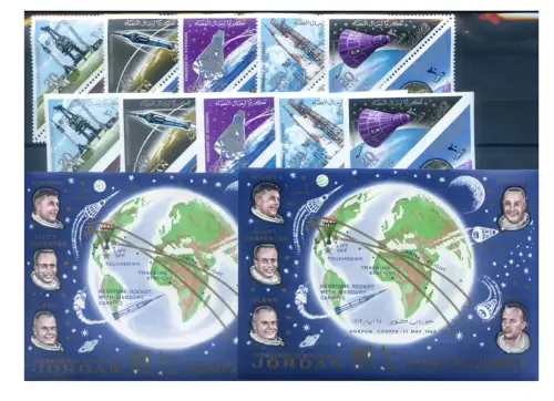 Jordanien. Astronautica 1964. Serie gezahnt + ungezähnt + 2 Zettel.