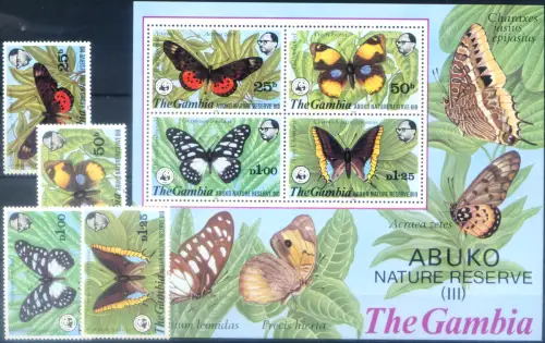 Gambia. Fauna. Schmetterlinge 1980. WWF. Serie + Zettel.