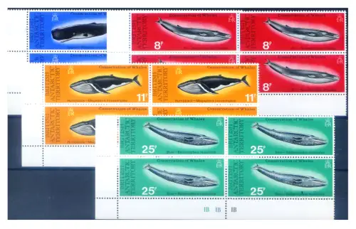 Britisches Antarktisgebiet. Fauna. Wale 1977. 4er Blöcke.