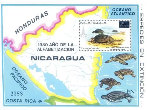 Nicaragua. Alphabetisierungskampagne und Olympische Spiele 1981. Überdrucktes Blatt.