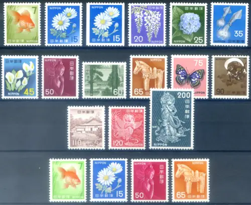 Japan. Definitiv. Flora, Fauna und Nationalsymbole 1966-1967. Serie + einige Farbvarianten.