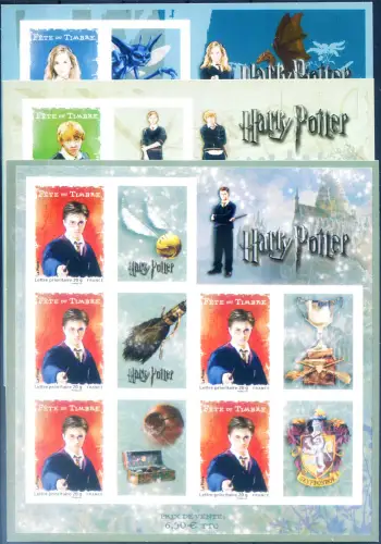 Frankreich. Harry Potter 2007. 3 Miniblätter selbstklebend.