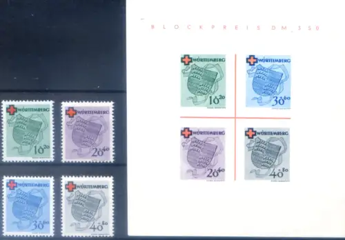 Besatzungsgebiete: Württemberg. Rotes Kreuz 1949. Serie + Zettel.