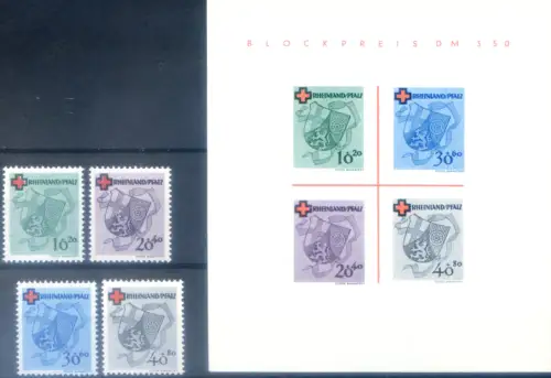 Besatzungsgebiete: Rheinland. Rotes Kreuz 1949. Serie + Zettel.