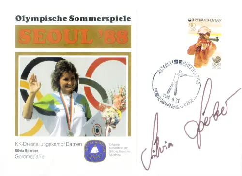 Korea. Süd. Sport. Olympiade Seoul 1988. Gewehr. Silvia Sperber. Autogrammumschlag.
