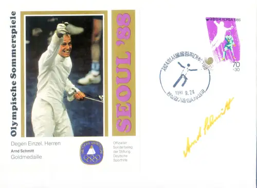 Korea. Süd. Sport. Olympiade Seoul 1988. Bildschirm. Arnd Schmitt. Autogrammumschlag.